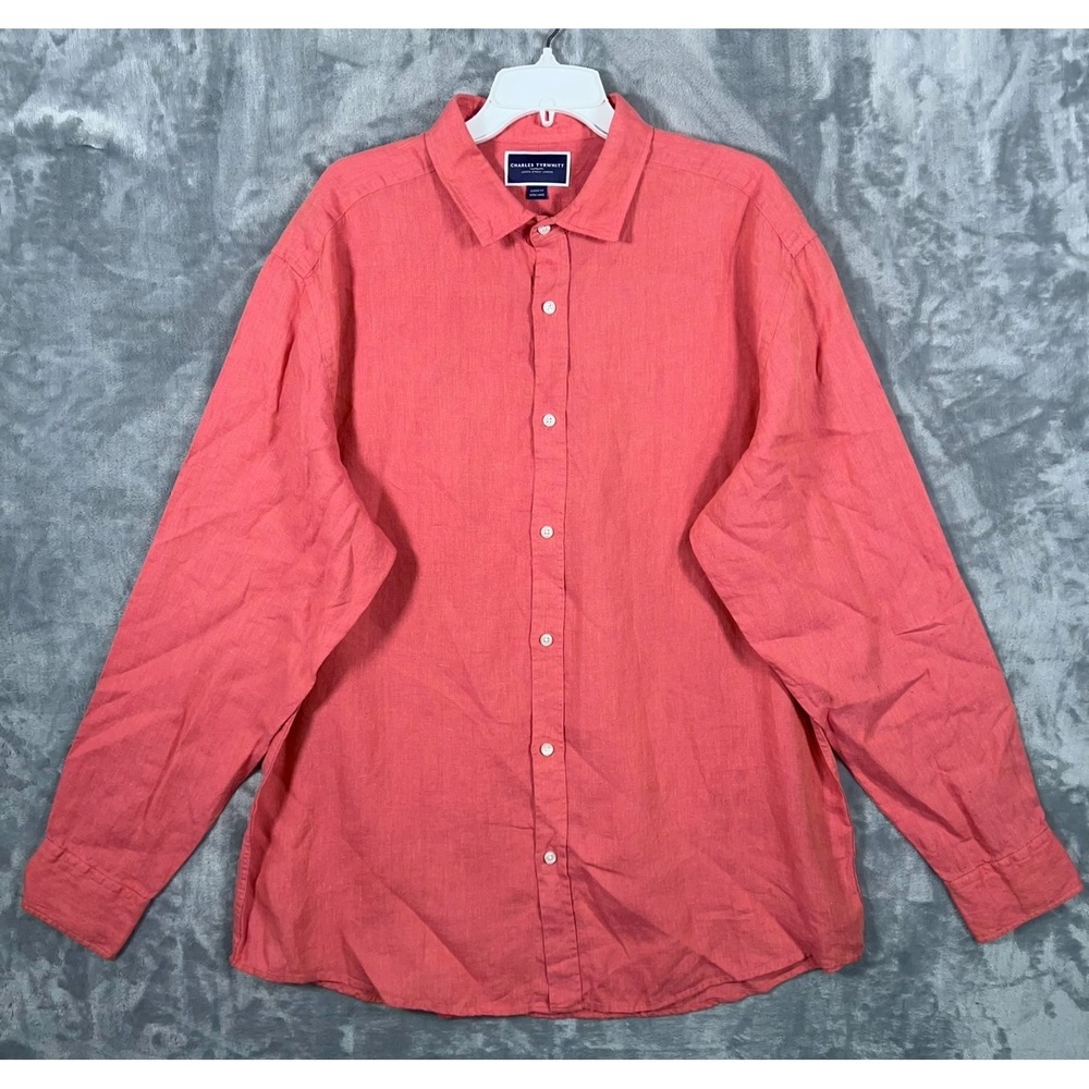 Charles Tyrwhitt Linen Button Up Shirt Mens XL Pink Red Long‎ Sleeve Classic Fit